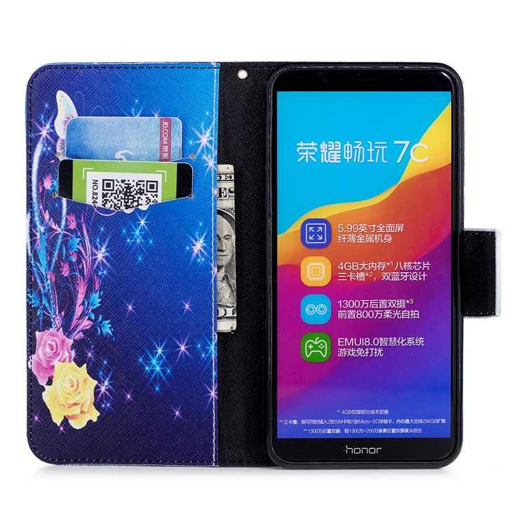 For Huawei Honor 7C/Enjoy 8/Y7 Prime (2018) Pattern Printing Leather Wallet Stand Mobile Case - Roses and Butterflies-8