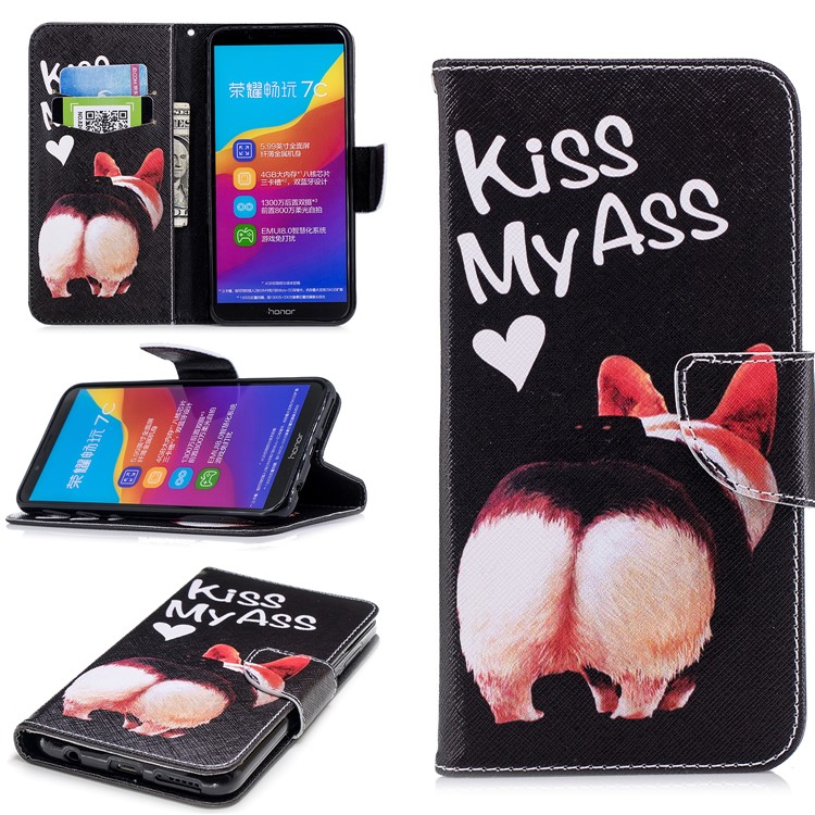Patterned Leather Stand Wallet Phone Case Accessory for Huawei Honor 7C/Enjoy 8/Y7 Prime (2018) - Kiss My Ass-1