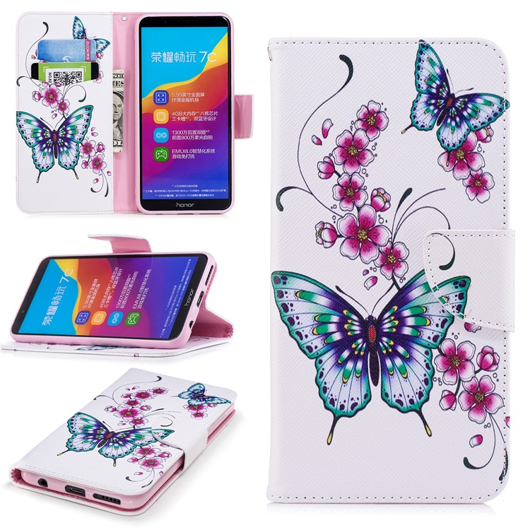 Pattern Printing Leather Wallet Protection Shell with Stand for Huawei Honor 7C/Enjoy 8/Y7 Prime (2018) - Butterfly and Flower-1