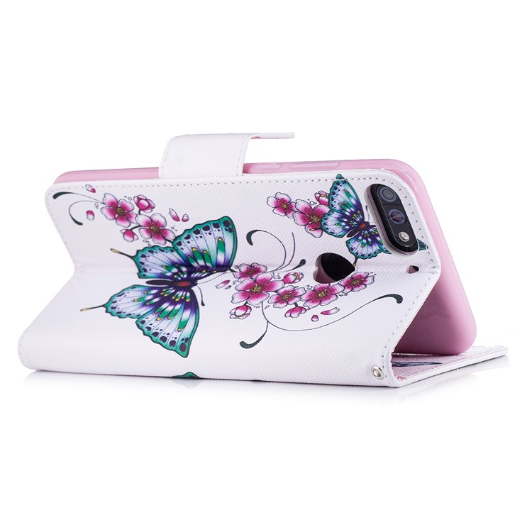 Pattern Printing Leather Wallet Protection Shell with Stand for Huawei Honor 7C/Enjoy 8/Y7 Prime (2018) - Butterfly and Flower-4