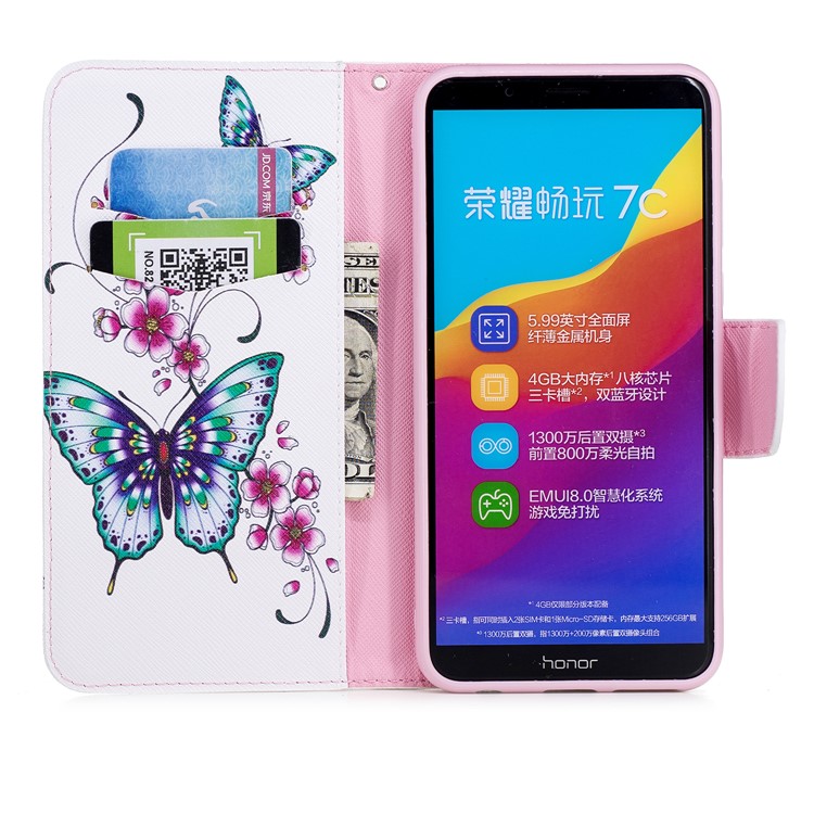 Pattern Printing Leather Wallet Protection Shell with Stand for Huawei Honor 7C/Enjoy 8/Y7 Prime (2018) - Butterfly and Flower-8
