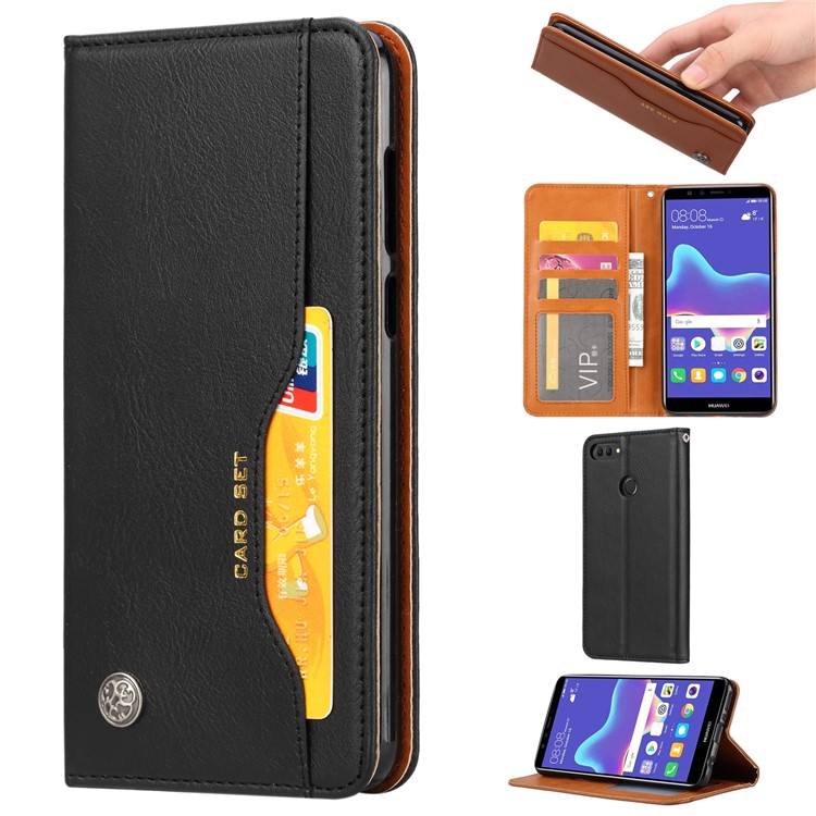 Auto-absorbed Leather Stand Wallet Case for Huawei Y9 (2018) / Enjoy 8 Plus - Black-1