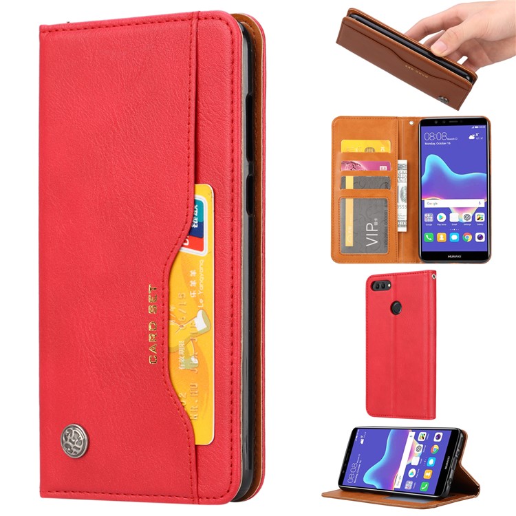 Auto-absorbed Leather Stand Wallet Cover for Huawei Y9 (2018) / Enjoy 8 Plus - Red-1