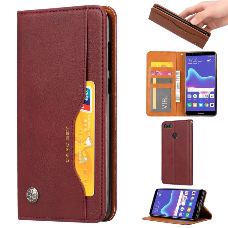 Auto-absorbed Leather Stand Wallet Phone Case for Huawei Y9 (2018) / Enjoy 8 Plus - Wine Red-1