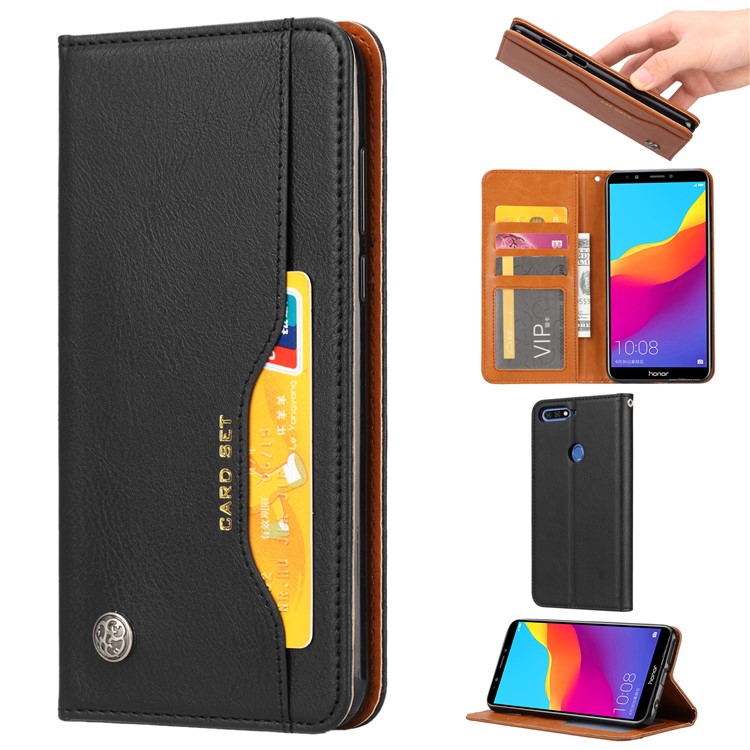 Auto-absorbed Stand Wallet Leather Case for Huawei Honor 7C / Enjoy 8 /Y7 Prime (2018)- Black-1