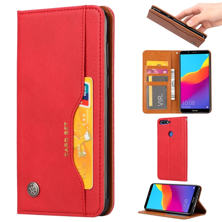 Auto-absorbed Stand Wallet Leather Cover for Huawei Honor 7C / Enjoy 8 /Y7 Prime (2018)- Red-1