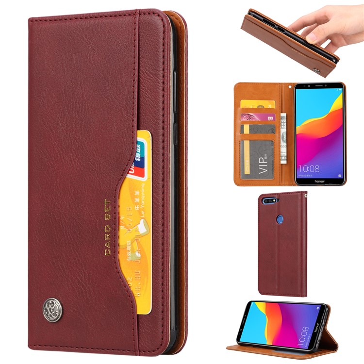 Auto-absorbed Stand Wallet Leather Mobile Case for Huawei Honor 7C / Enjoy 8 /Y7 Prime (2018)- Wine Red-1