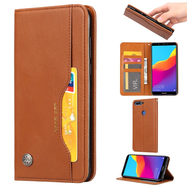 Auto-absorbed Stand Wallet Leather Mobile Cover for Huawei Honor 7C / Enjoy 8 /Y7 Prime (2018)- Brown-1