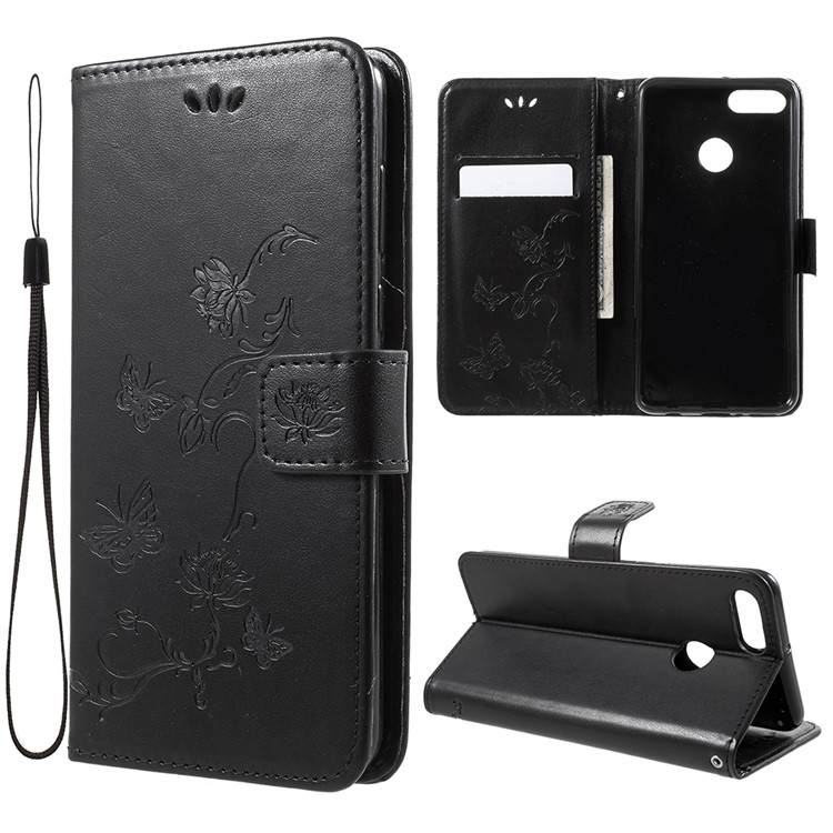 Imprint Butterfly Flowers Leather Wallet Case for Huawei Y9 (2018) / Enjoy 8 Plus - Black-1