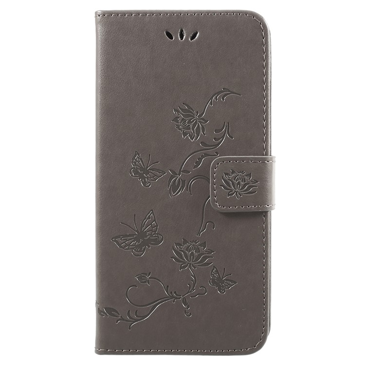 Imprint Butterfly Flowers Leather Wallet Cover Shell for Huawei Y9 (2018) / Enjoy 8 Plus - Grey-1