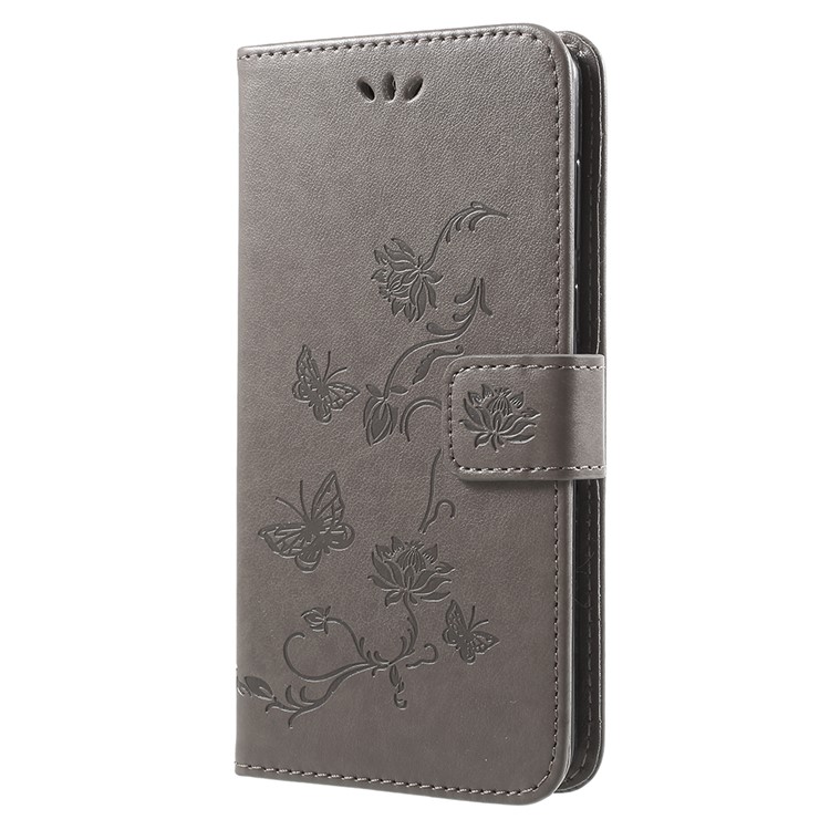 Imprint Butterfly Flowers Leather Wallet Cover Shell for Huawei Y9 (2018) / Enjoy 8 Plus - Grey-2