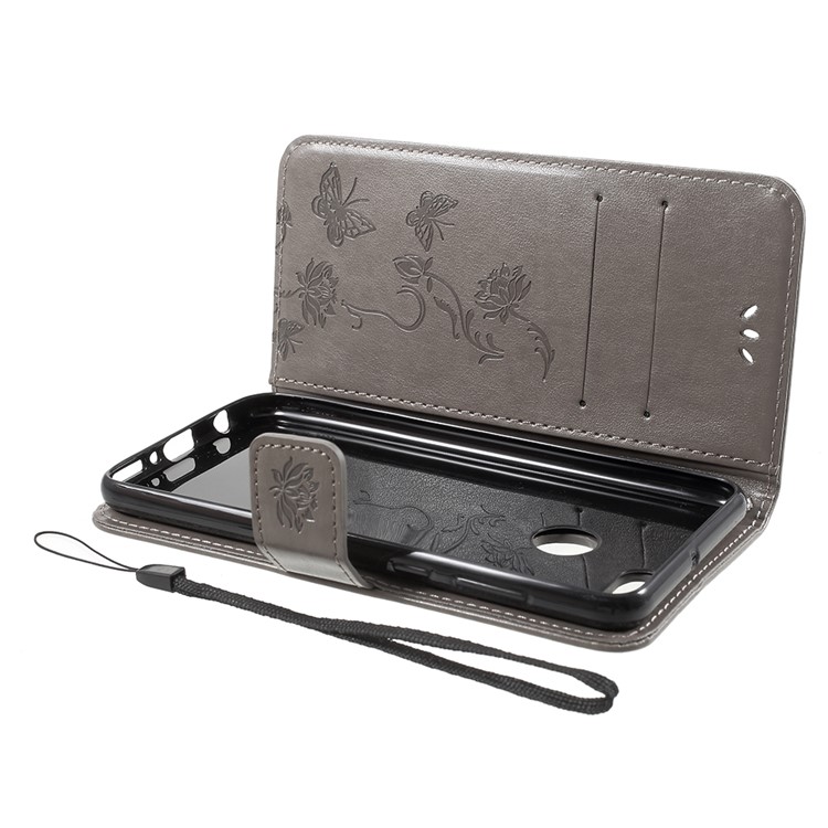 Imprint Butterfly Flowers Leather Wallet Cover Shell for Huawei Y9 (2018) / Enjoy 8 Plus - Grey-5