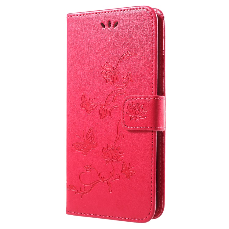Imprint Butterfly Flowers Leather Wallet Flip Phone Case for Huawei Y9 (2018) / Enjoy 8 Plus - Red-2