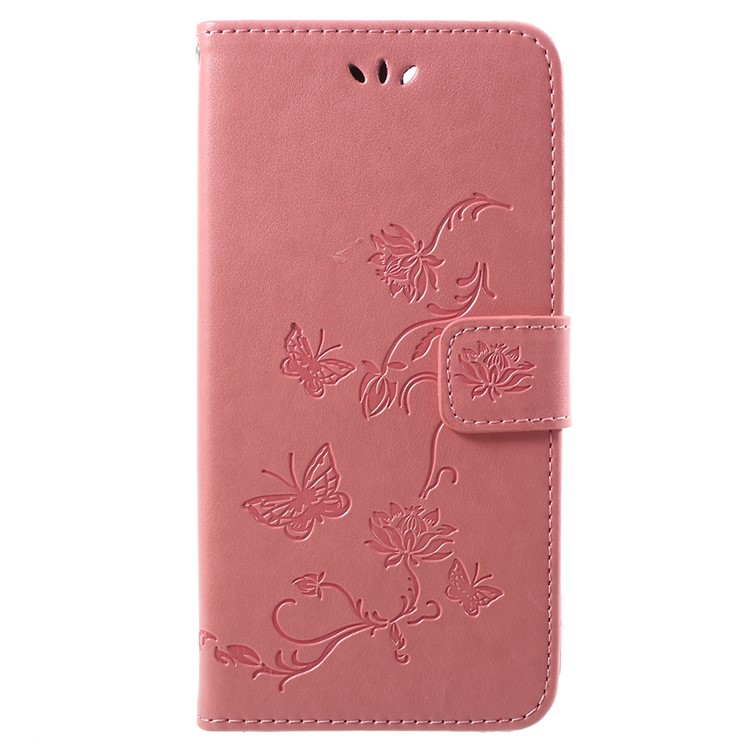Imprint Butterfly Flowers Leather Wallet Stand Accessory Case for Huawei Y9 (2018) / Enjoy 8 Plus - Pink-1