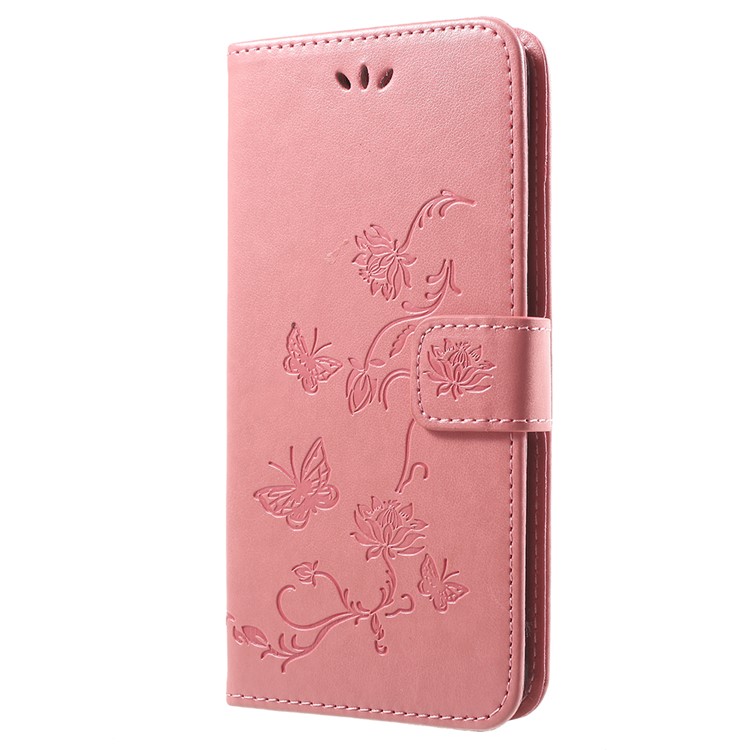 Imprint Butterfly Flowers Leather Wallet Stand Accessory Case for Huawei Y9 (2018) / Enjoy 8 Plus - Pink-2