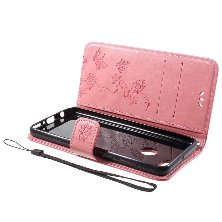 Imprint Butterfly Flowers Leather Wallet Stand Accessory Case for Huawei Y9 (2018) / Enjoy 8 Plus - Pink-5