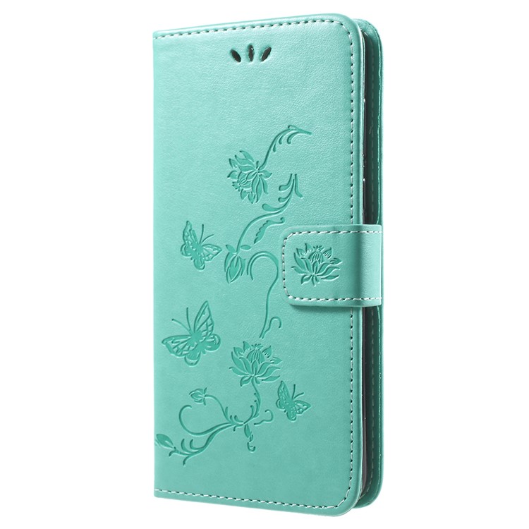 Imprint Butterfly Flowers Leather Wallet Cover Shell for Huawei Y9 (2018) / Enjoy 8 Plus - Green-2