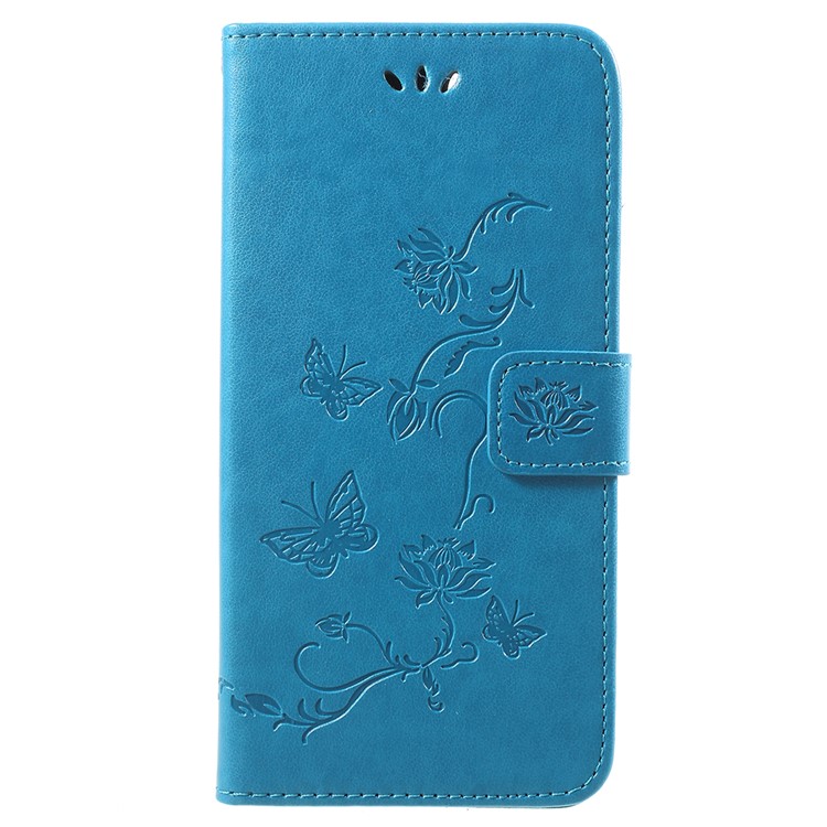 Imprint Butterfly Flowers Leather Wallet Mobile Flip Case for Huawei Y9 (2018) / Enjoy 8 Plus - Blue-1