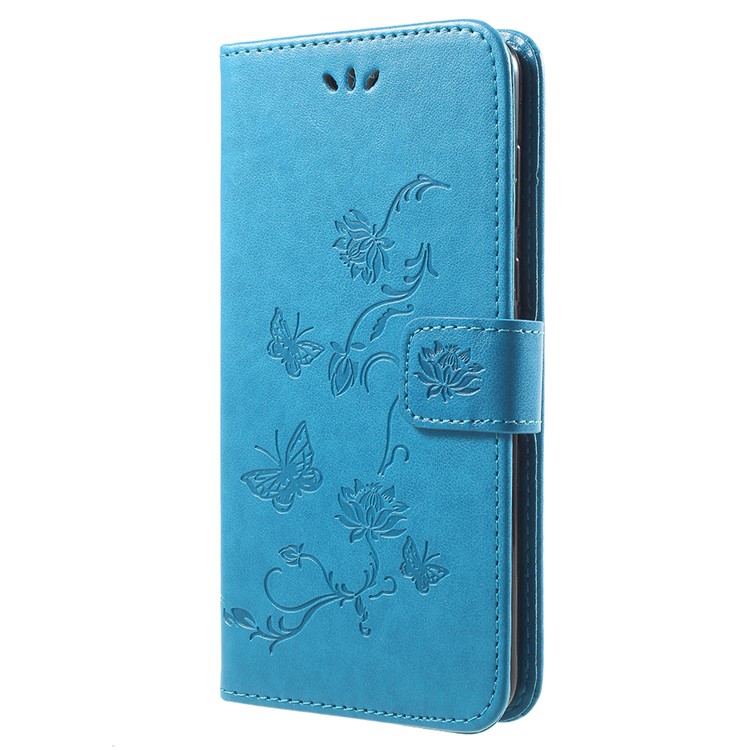 Imprint Butterfly Flowers Leather Wallet Mobile Flip Case for Huawei Y9 (2018) / Enjoy 8 Plus - Blue-2
