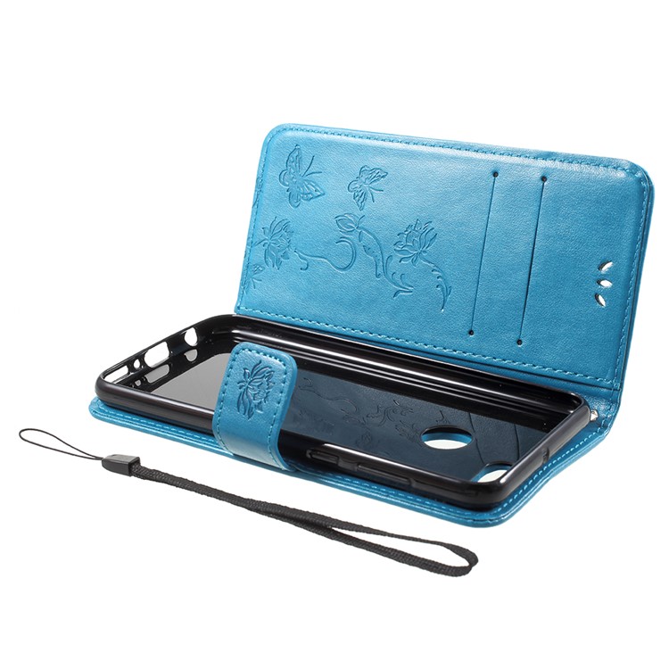 Imprint Butterfly Flowers Leather Wallet Mobile Flip Case for Huawei Y9 (2018) / Enjoy 8 Plus - Blue-5