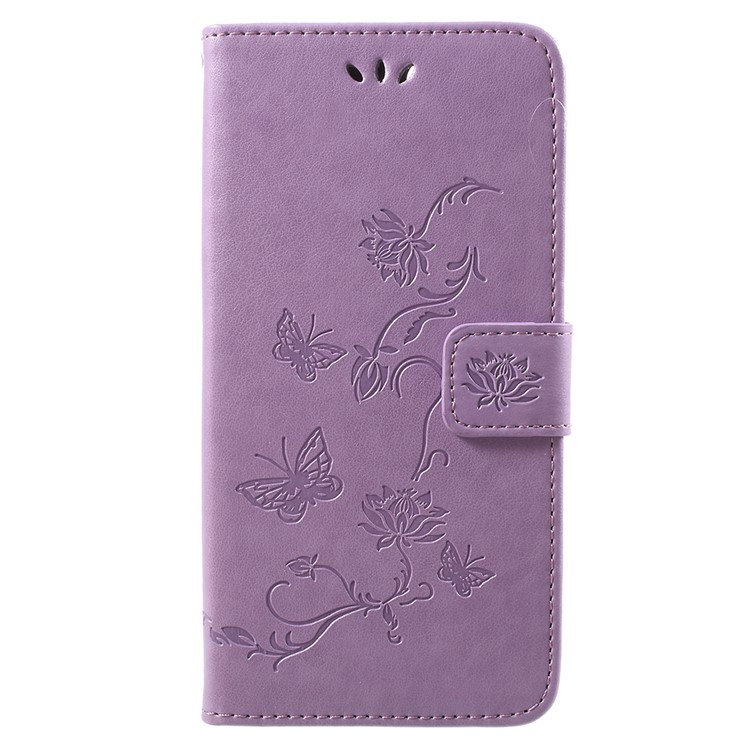 Imprint Butterfly Flowers Leather Wallet Magnetic Casing for Huawei Y9 (2018) / Enjoy 8 Plus - Light Purple-1