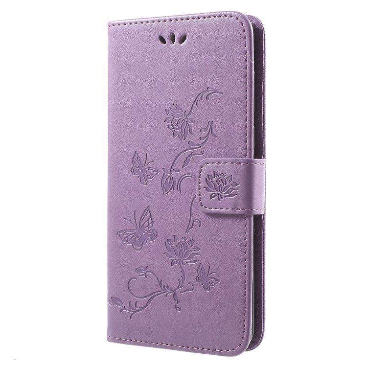 Imprint Butterfly Flowers Leather Wallet Magnetic Casing for Huawei Y9 (2018) / Enjoy 8 Plus - Light Purple-2