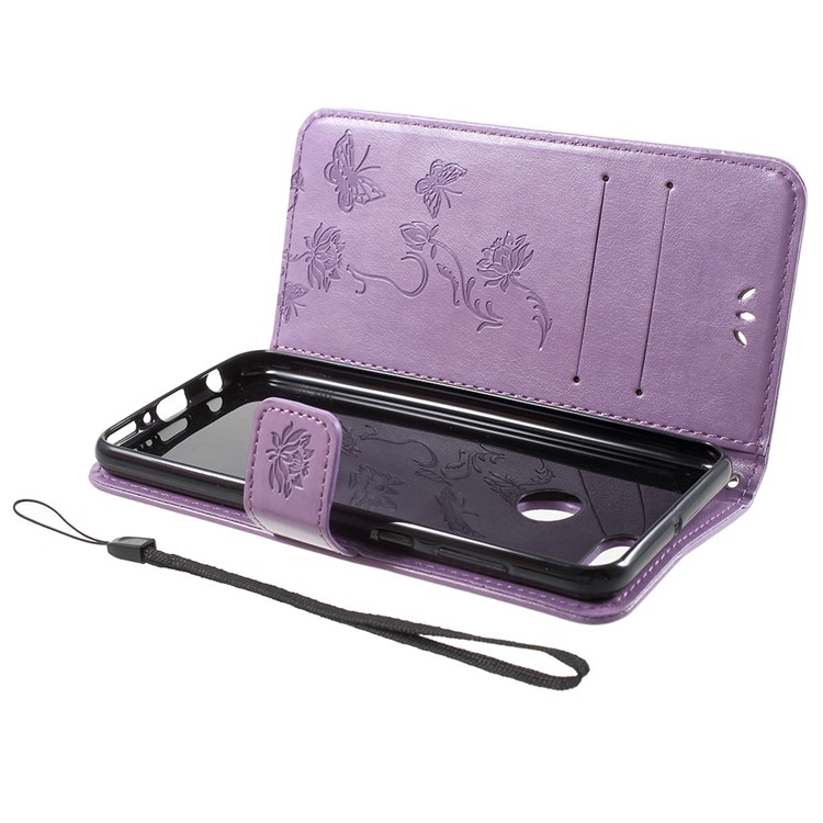 Imprint Butterfly Flowers Leather Wallet Magnetic Casing for Huawei Y9 (2018) / Enjoy 8 Plus - Light Purple-5