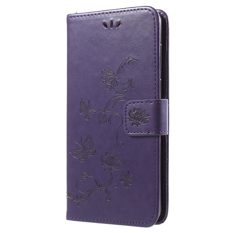 For Huawei Y9 (2018) / Enjoy 8 Plus Imprint Butterfly Flowers PU Leather Wallet Stand Case - Dark Purple-2