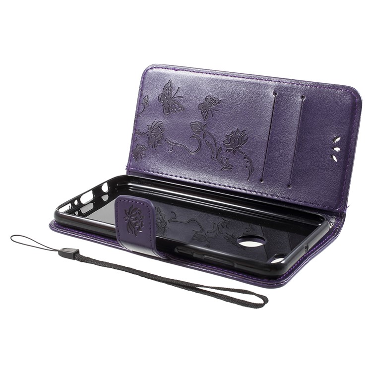 For Huawei Y9 (2018) / Enjoy 8 Plus Imprint Butterfly Flowers PU Leather Wallet Stand Case - Dark Purple-5