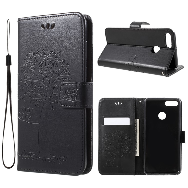 Imprint Tree Owl Pattern Wallet Stand Leather Cover for Huawei Y9 (2018) / Enjoy 8 Plus - Black-1
