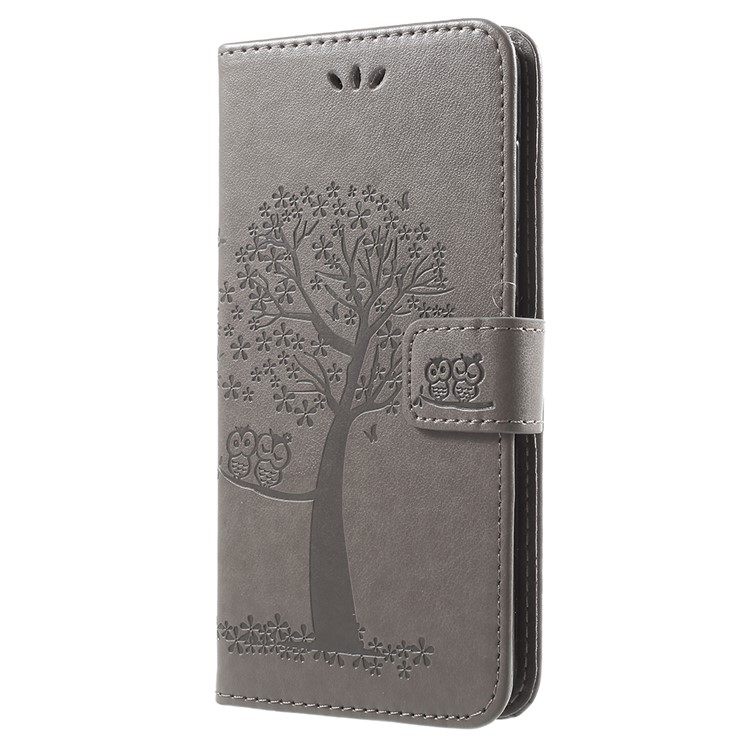 Imprint Tree Owl Pattern Wallet Leather Case Cover with Stand for Huawei Y9 (2018) / Enjoy 8 Plus - Grey-2