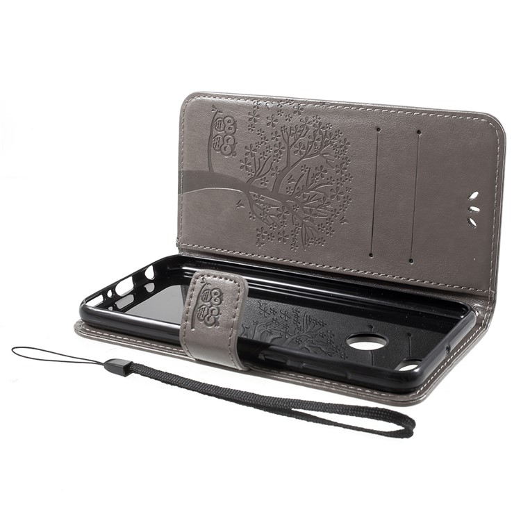 Imprint Tree Owl Pattern Wallet Leather Case Cover with Stand for Huawei Y9 (2018) / Enjoy 8 Plus - Grey-5