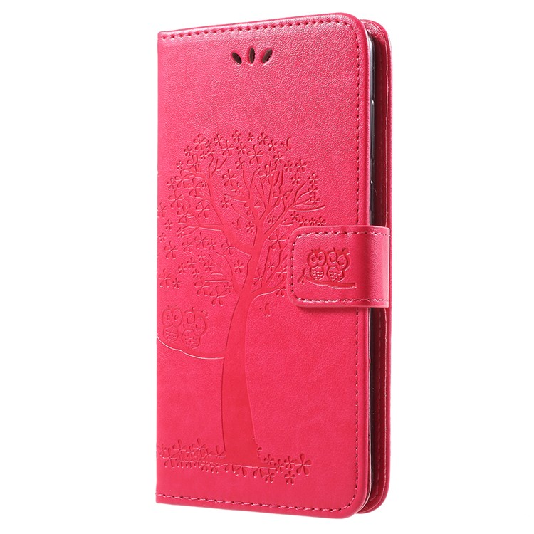 Imprint Tree Owl Pattern Wallet Stand Leather Casing for Huawei Y9 (2018) / Enjoy 8 Plus - Red-2