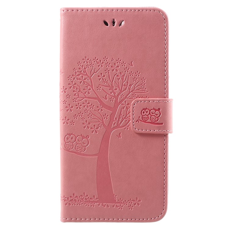 Imprint Tree Owl Pattern Wallet Stand Leather Magnetic Cover for Huawei Y9 (2018) / Enjoy 8 Plus - Pink-1
