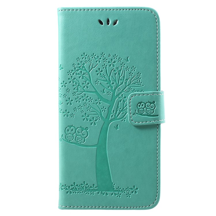 Imprint Tree Owl Pattern Wallet Stand Leather Folio Phone Cover for Huawei Y9 (2018) / Enjoy 8 Plus - Cyan-1