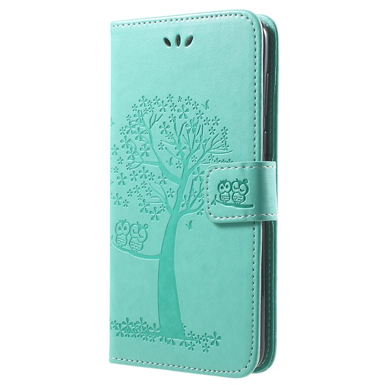 Imprint Tree Owl Pattern Wallet Stand Leather Folio Phone Cover for Huawei Y9 (2018) / Enjoy 8 Plus - Cyan-2