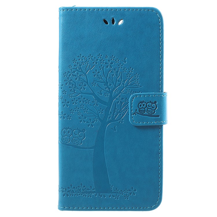 Imprint Tree Owl Pattern Leather Wallet Stand Case Cover for Huawei Y9 (2018) / Enjoy 8 Plus - Blue-1