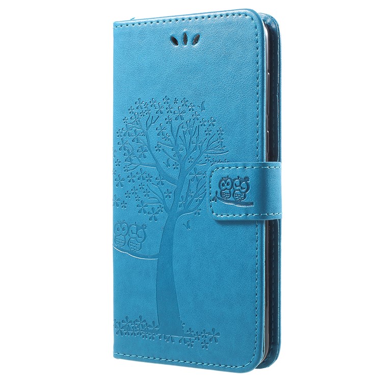 Imprint Tree Owl Pattern Leather Wallet Stand Case Cover for Huawei Y9 (2018) / Enjoy 8 Plus - Blue-2