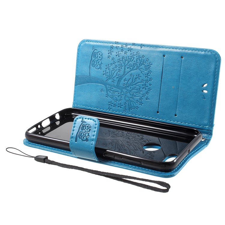 Imprint Tree Owl Pattern Leather Wallet Stand Case Cover for Huawei Y9 (2018) / Enjoy 8 Plus - Blue-5
