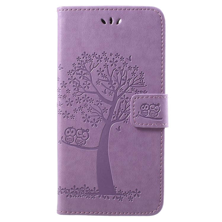 Imprint Tree Owl Pattern Wallet Stand Leather Protective Cover with Card Slots for Huawei Y9 (2018) / Enjoy 8 Plus - Light Purple-1