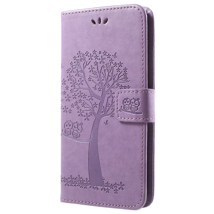 Imprint Tree Owl Pattern Wallet Stand Leather Protective Cover with Card Slots for Huawei Y9 (2018) / Enjoy 8 Plus - Light Purple-2