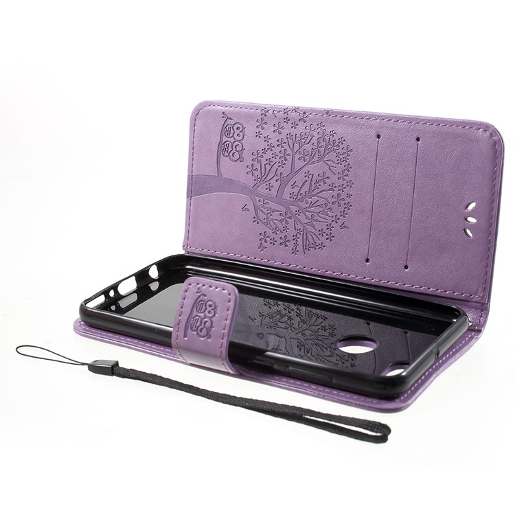 Imprint Tree Owl Pattern Wallet Stand Leather Protective Cover with Card Slots for Huawei Y9 (2018) / Enjoy 8 Plus - Light Purple-5