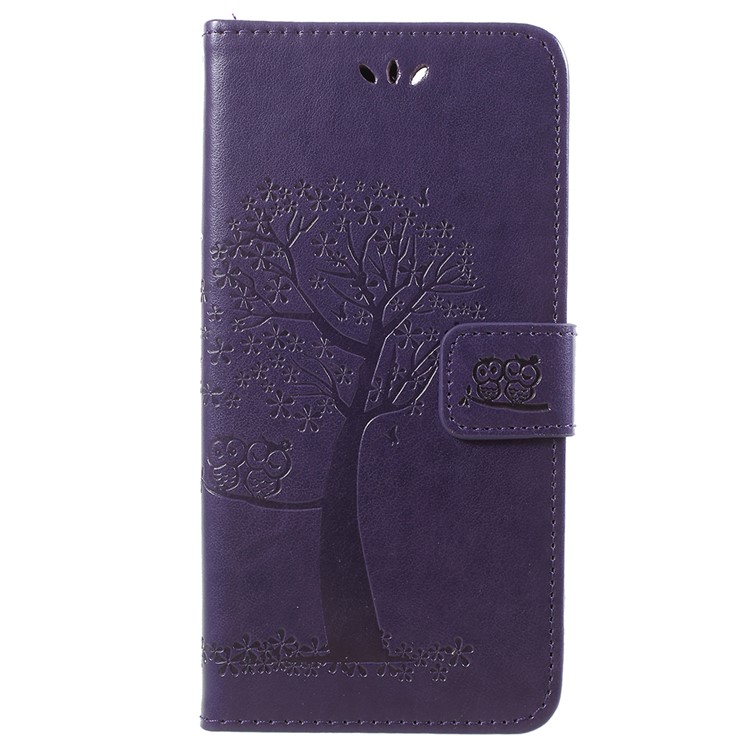 Imprint Tree Owl Pattern Leather Wallet Stand Phone Case Shell for Huawei Y9 (2018) / Enjoy 8 Plus - Dark Purple-1