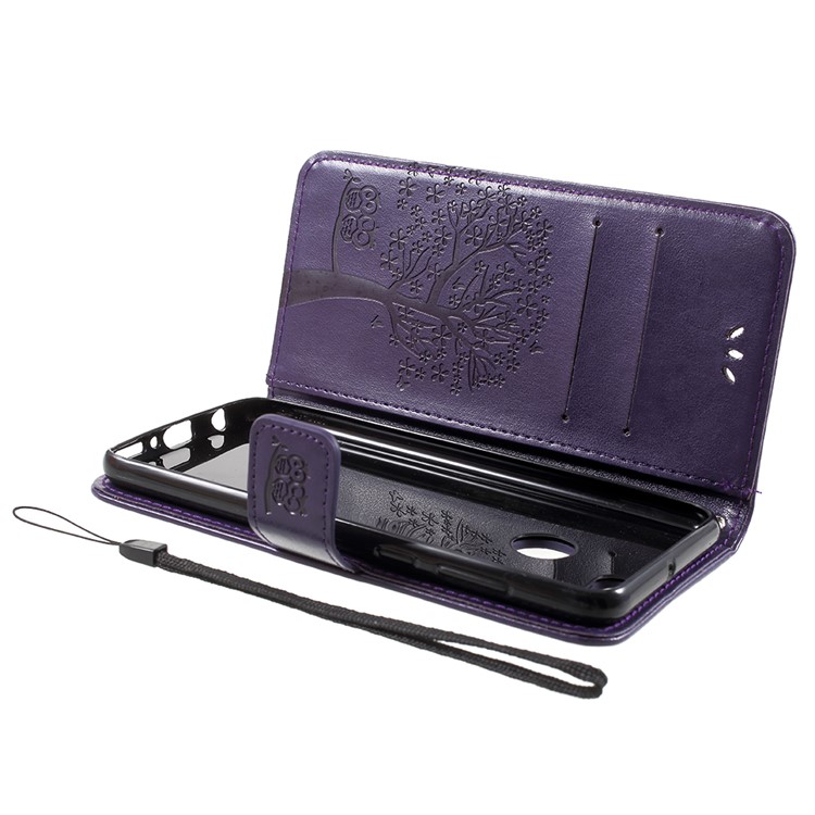 Imprint Tree Owl Pattern Leather Wallet Stand Phone Case Shell for Huawei Y9 (2018) / Enjoy 8 Plus - Dark Purple-5