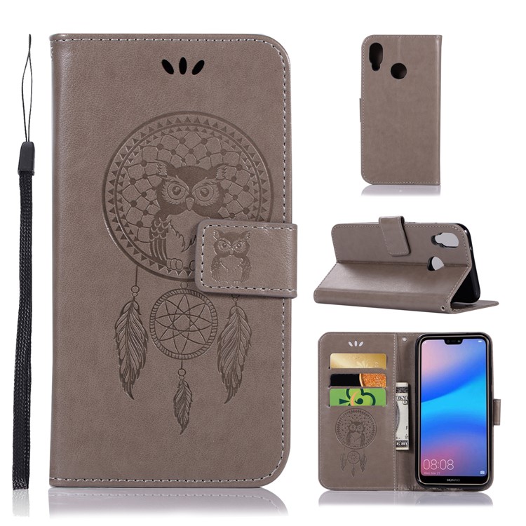 Imprinted Dream Catcher Owl Leather Wallet Case for Huawei P20 Lite / Nova 3e - Grey-1