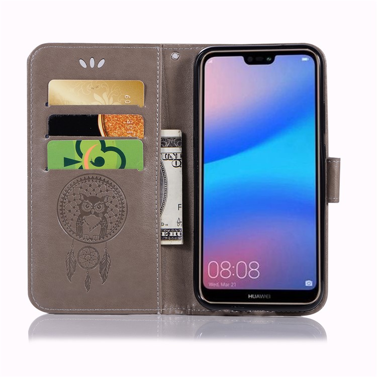 Imprinted Dream Catcher Owl Leather Wallet Case for Huawei P20 Lite / Nova 3e - Grey-4