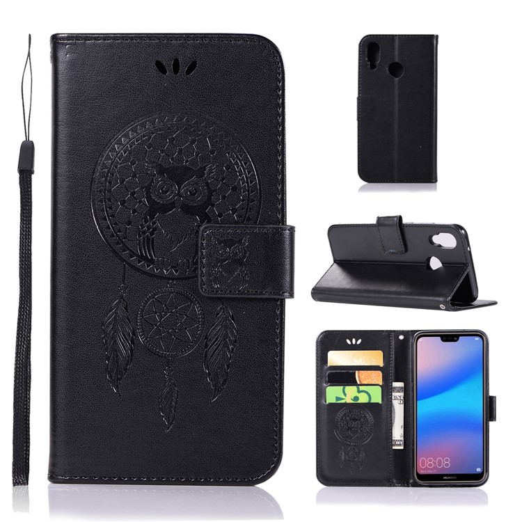 Imprinted Dream Catcher Owl Leather Wallet Cover for Huawei P20 Lite / Nova 3e - Black-1
