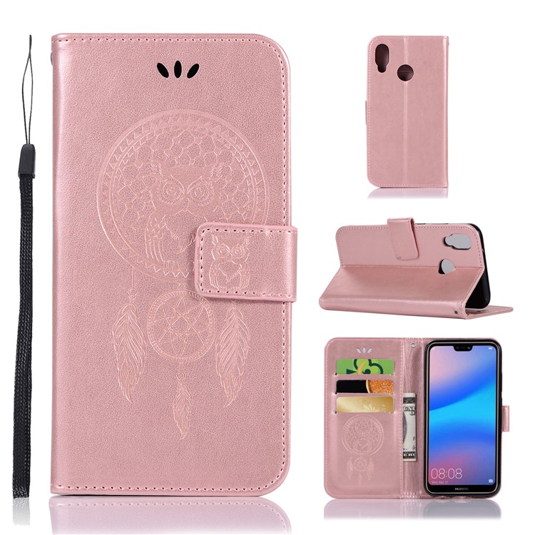 Imprinted Dream Catcher Owl PU Leather Wallet Case for Huawei P20 Lite / Nova 3e - Rose Gold-1