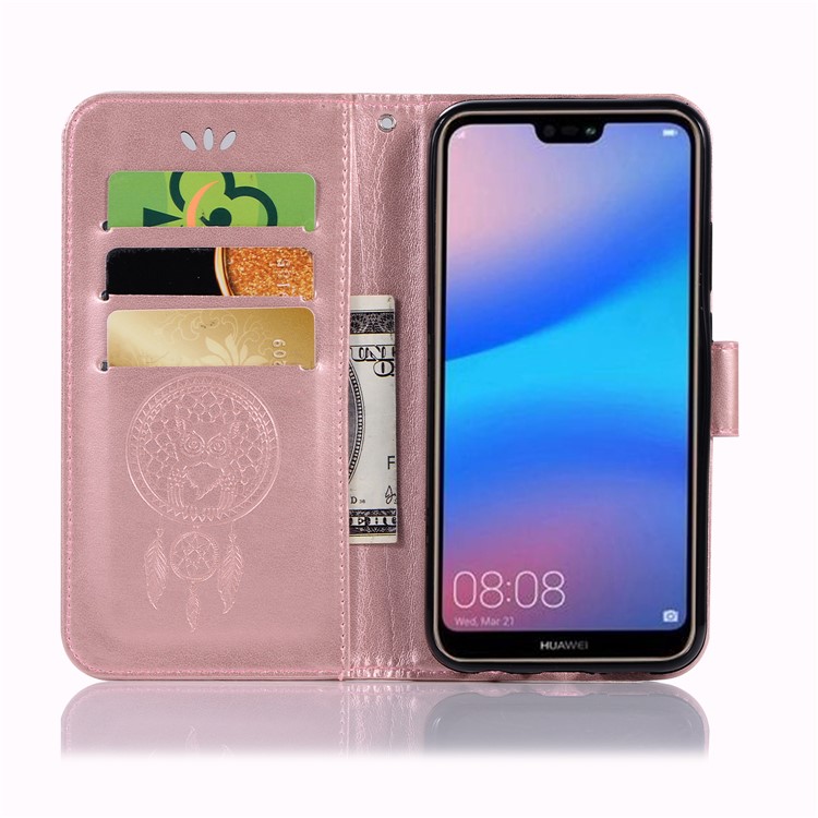 Imprinted Dream Catcher Owl PU Leather Wallet Case for Huawei P20 Lite / Nova 3e - Rose Gold-4