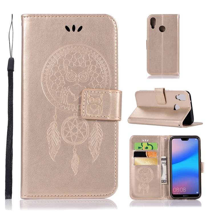 Imprinted Dream Catcher Owl Leather Wallet Case Phone Shell for Huawei P20 Lite / Nova 3e - Gold-1
